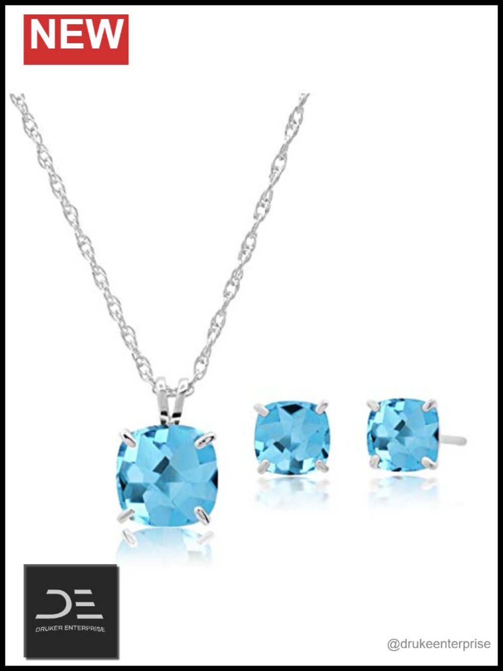 925 Sterling Silver Swiss Blue Topaz Jewelry Set Earrings Necklace 6mm 8mm